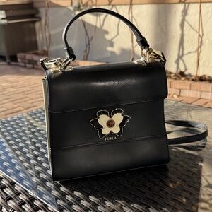 Furla Black Crossbody Bag with Floral Accent